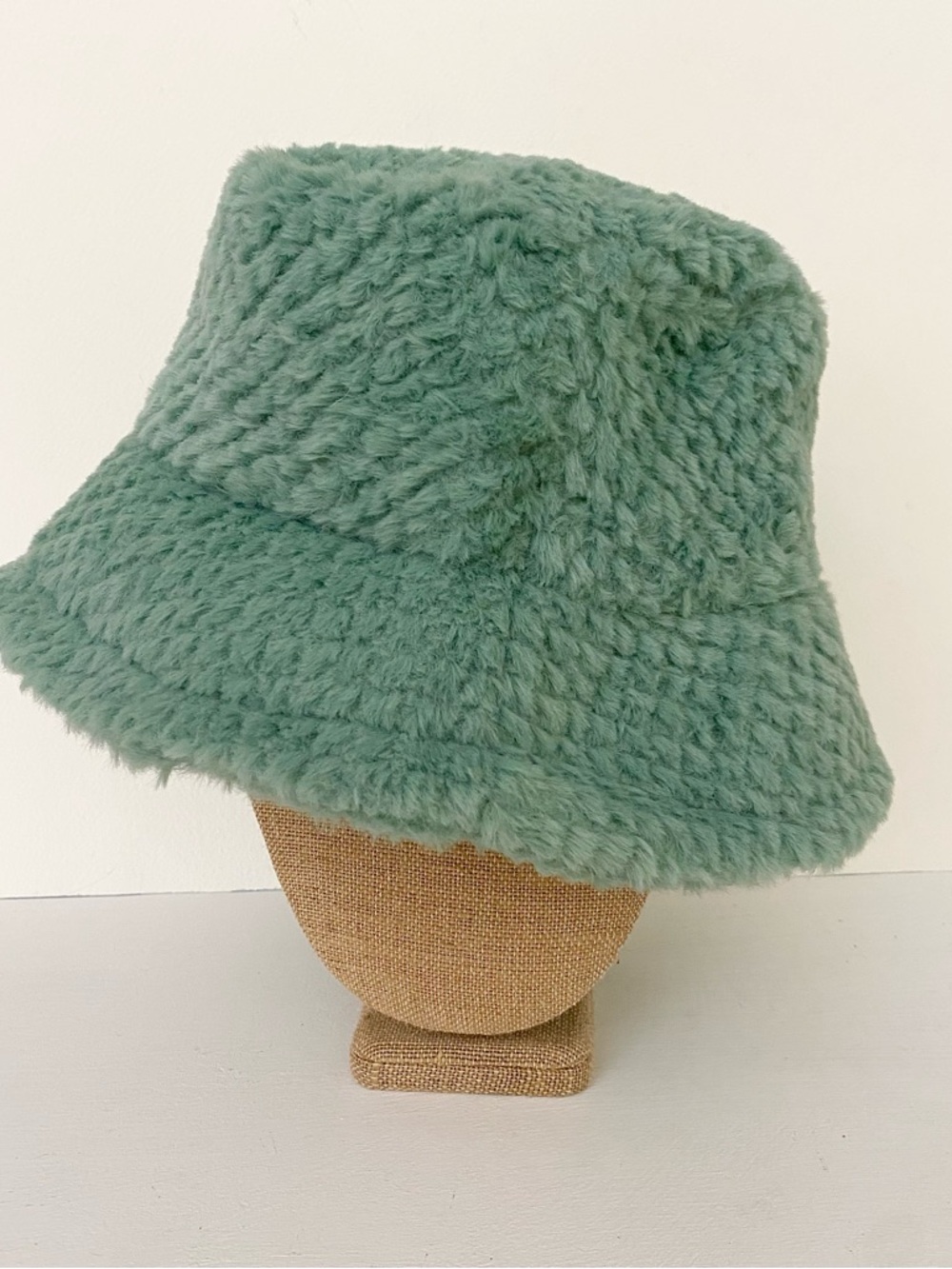 Plush Faux Fur Bucket Hat in Sage Green - Picture 2 of 5